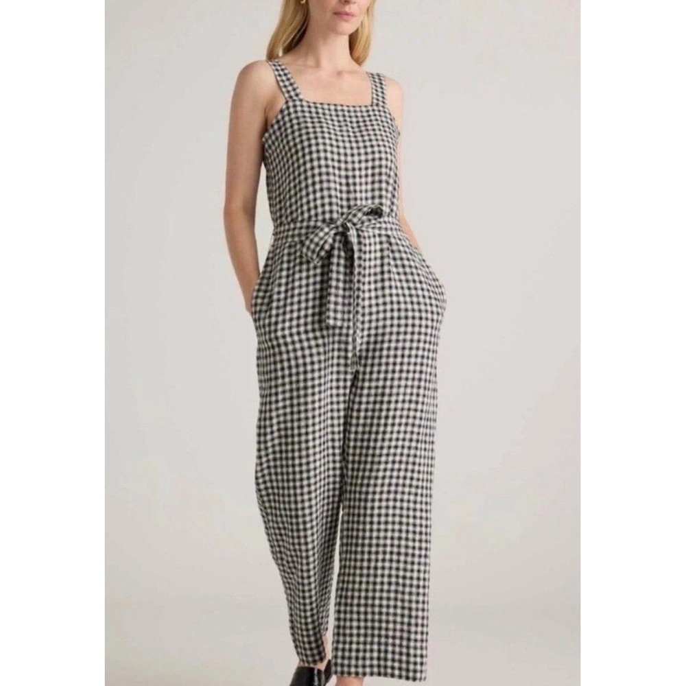 Quince 100% European Linen Square Neck Jumpsuit Sz L Khaki Black Gingham Casual